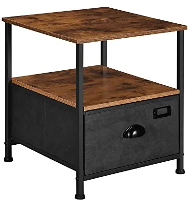 SONGMICS noční stolek se 2 policemi a 1 zásuvkou - rustikální hnědá MDF a černá imitace semiše/kov (41x41)